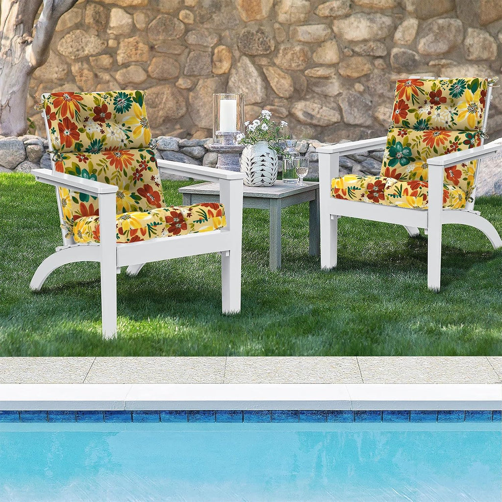 DYTXIII Outdoor High Back Chair Cushions Set of 2, Water Repellent Tufted Rocking Seat Cushions Replacement 44 x 22 Inch, Seat & Back Chair Pads for Patio, Balcony and Indoor Use -Flower Multi