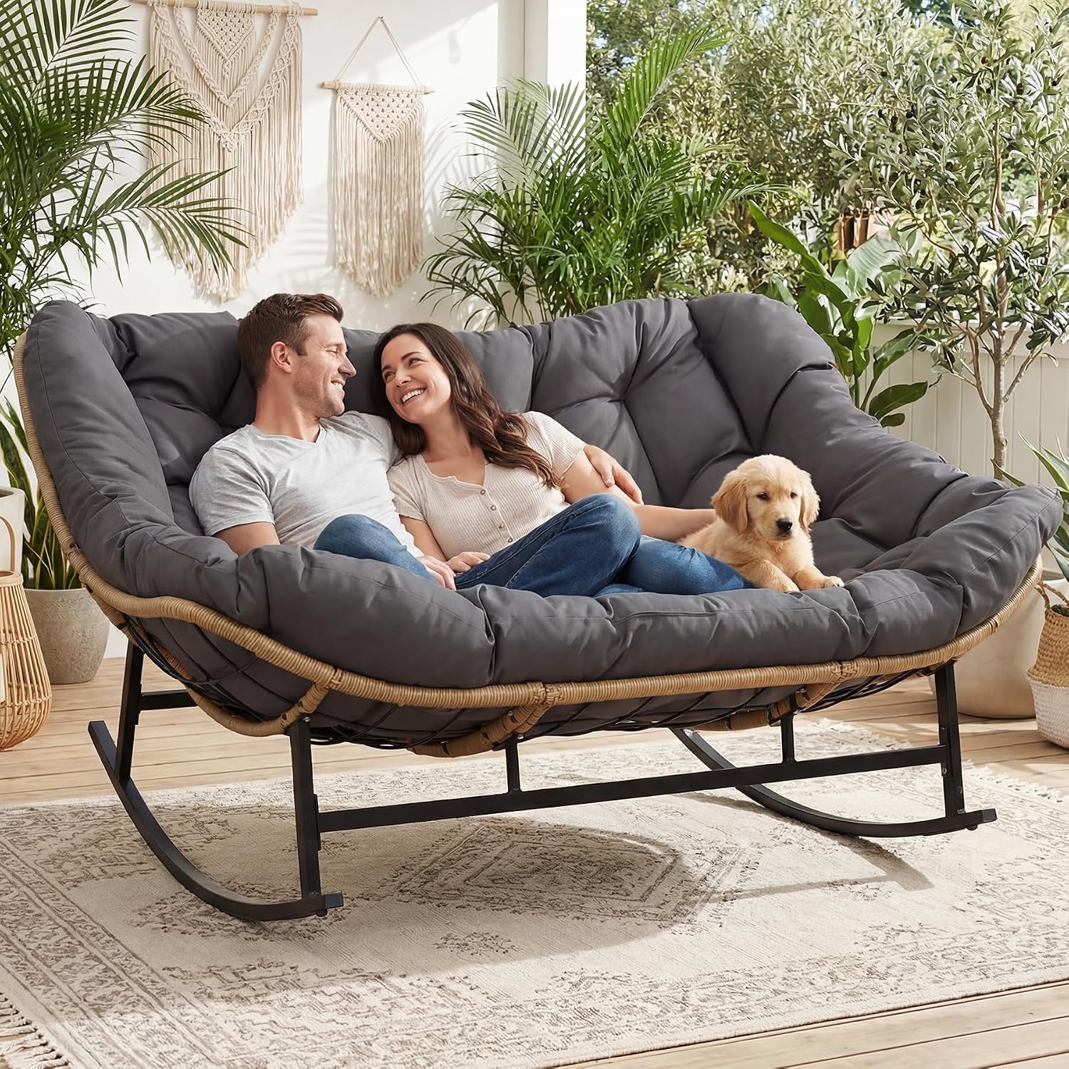RADIATA Double Rocking Chair Outdoor, Oversized 2 Person Lounge Chair with Thick Cushion, All-Weather PE Rattan Frame, Heavy Duty Large Reclining Loveseat for Patio, Backyard, Bedroom