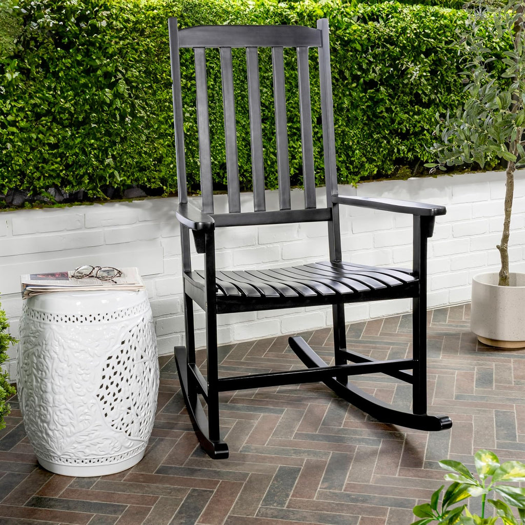 JONATHAN Y RCK300E Seagrove Farmhouse Classic Slat-Back 350-LBS Support Acacia Wood Outdoor Rocking Chair Traditional, Coastal, Cottage, Vintage, Shabby Chic, Black