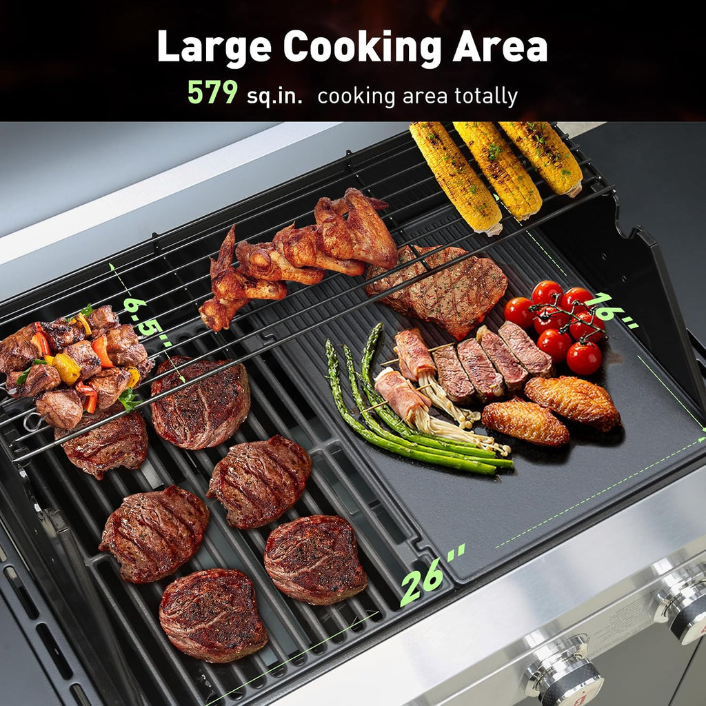 Brand-Man 4-Burner Gas Outdoor Kitchen Grill Island with Side Burner - 44,000 BTU Stainless Steel BBQ Grill Station with Storage Cabinets, Fold-out Prep Table, LPG/NG Convertible, Black