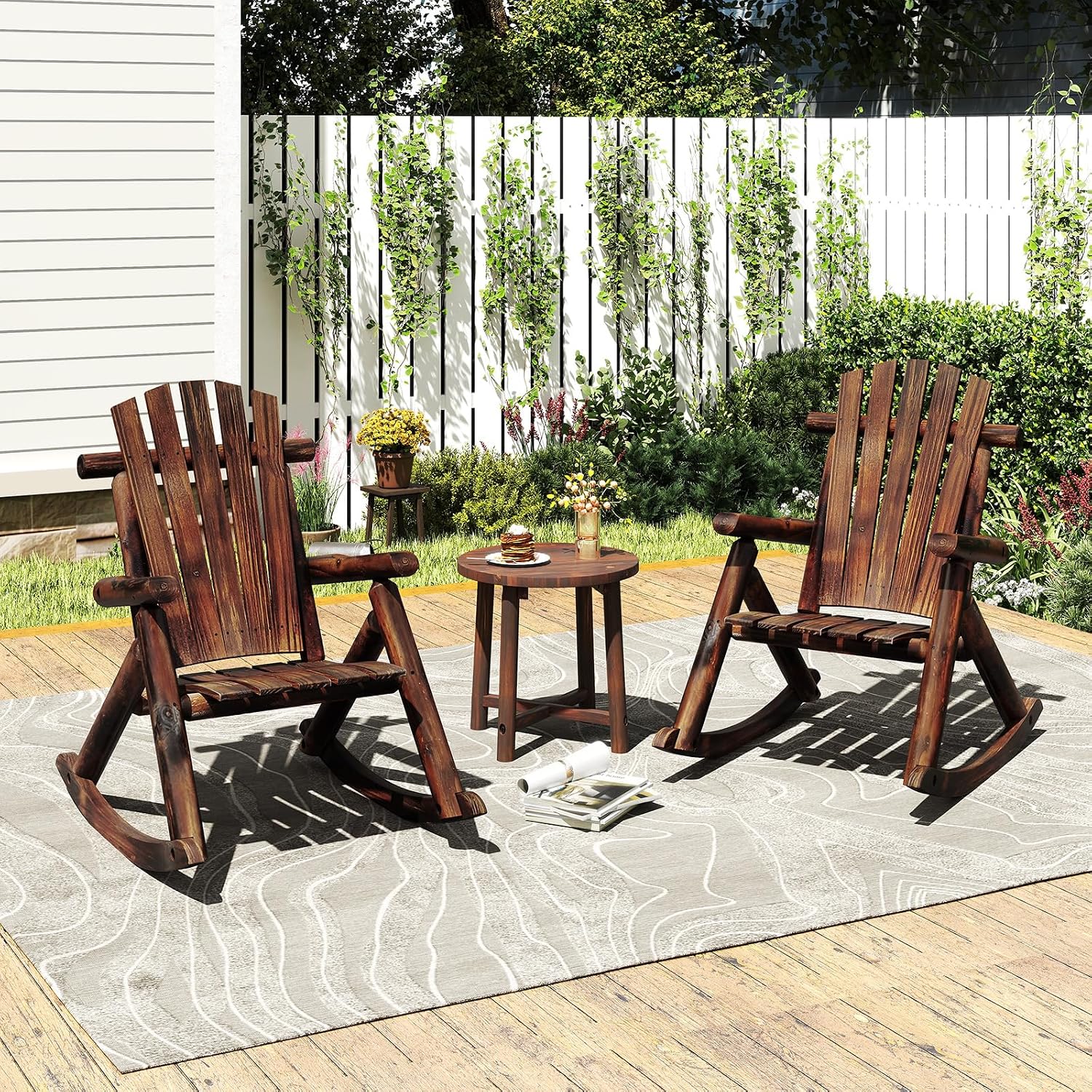 Giantex Outdoor Wooden Rocking Chair, Adirondack Porch Rocker with High Back and Wide Seat, Rustic Log Patio Chair for Front Porch Backyard Garden Balcony Deck, Brown (27'x36'x 38')