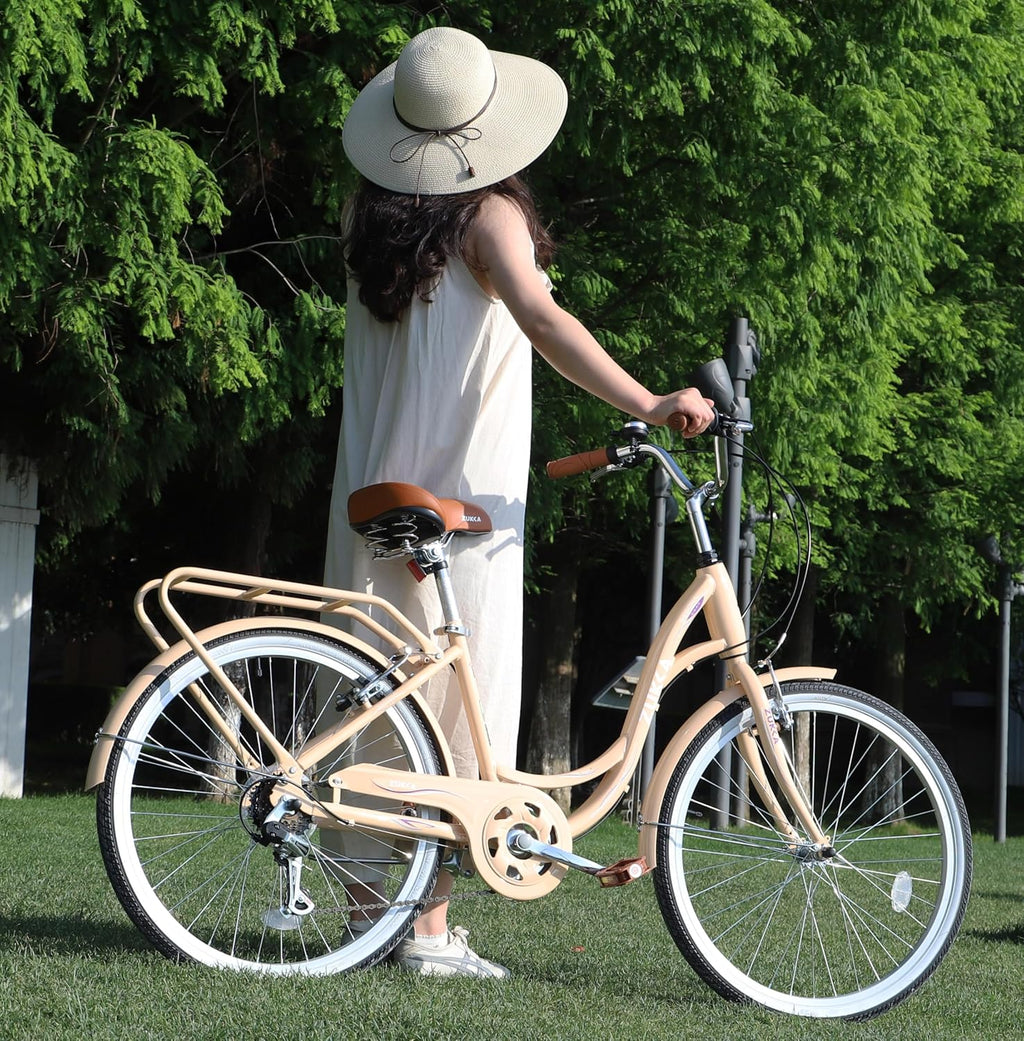 MEGHNA Beach Cruiser Bike Low Step - Through 24 inch/26 inch Bike Elegant Lady Bike V - Brake 7 Speed Cruiser Bike with Rear Rack Bell for Girls Women Senior, Multi-Colors