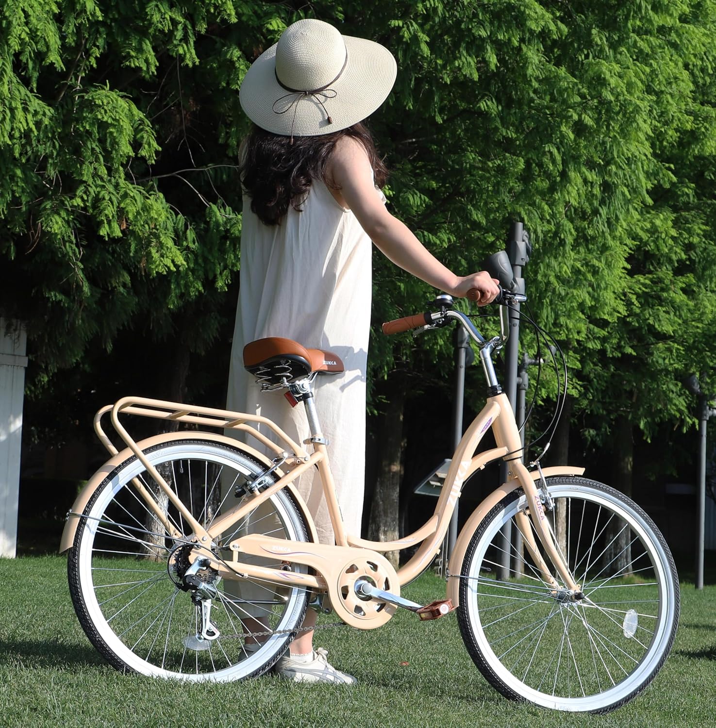 MEGHNA Beach Cruiser Bike Low Step - Through 24 inch/26 inch Bike Elegant Lady Bike V - Brake 7 Speed Cruiser Bike with Rear Rack Bell for Girls Women Senior, Multi-Colors