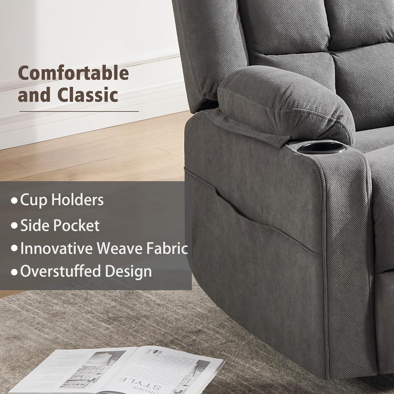 Ketaiyou Swivel Rocker Recliner Chair for Adults with Massage and Heat, Cup Holders and Side Pockets, Glider Rocking Reclining Single Sofa Chair for Living Room(DK Grey)