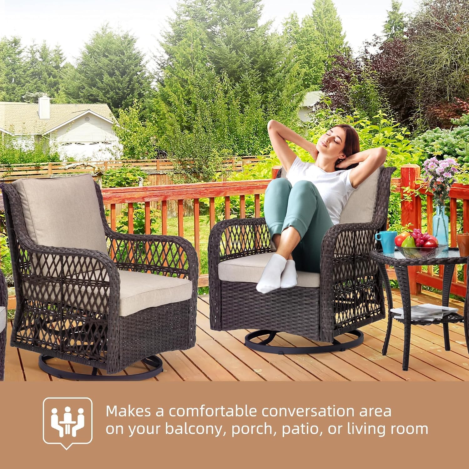 GarveeLife 3 Pieces Outdoor Swivel Chair Set, Wicker Swivel Rocker Patio Chairs, Thick Cushion and Side Table for Balcony, Porch, Backyard, Garden, Beige
