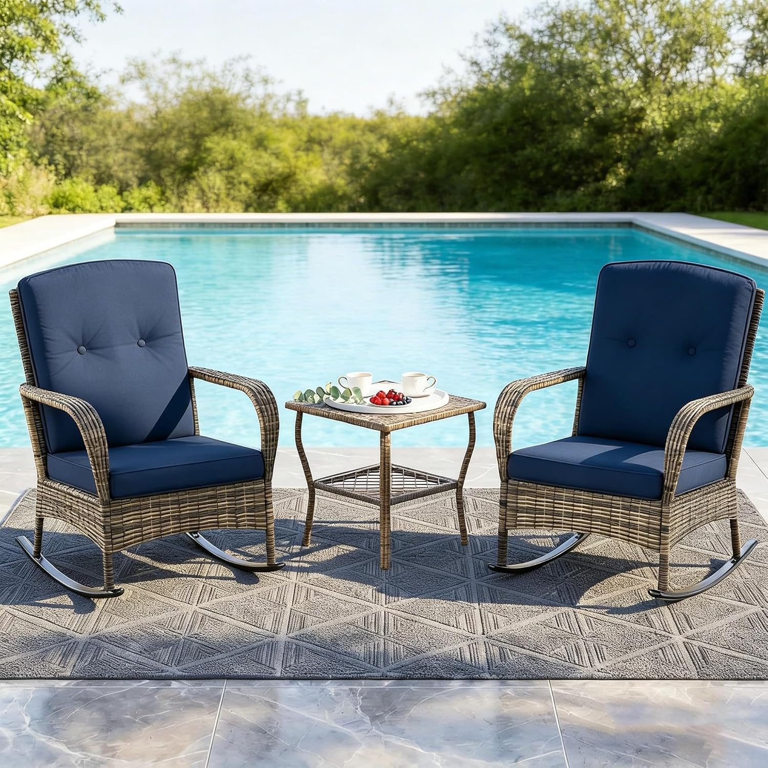 DECMICO 3 Pieces Rocking Bistro Set, Wicker Outdoor Rocking Chair with Washable Cushions, Rattan Rocking Chairs with Rattan Table, Outdoor Wicker Chair for Patio Backyard Porch Garden