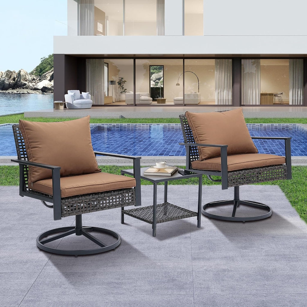 GDY Outdoor Patio Swivel Rocking Chairs Set, Patio Porch Furniture with Thick Cushions, 3 Pieces Outdoor Bistro Set with Rattan Side Table, Loading capacity 440LBS, for Garden, Porch, Poolside, Brown.
