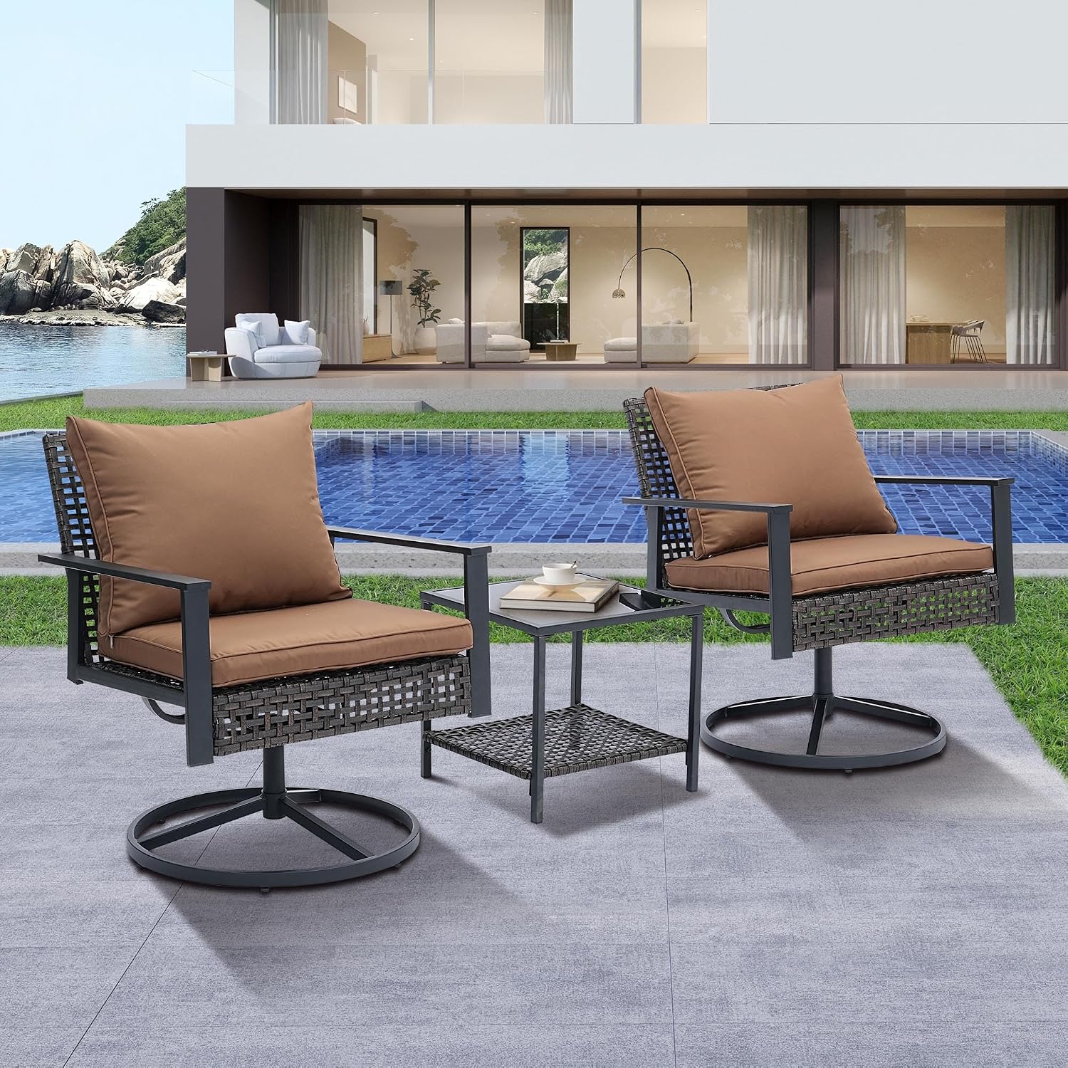 GDY Outdoor Patio Swivel Rocking Chairs Set, Patio Porch Furniture with Thick Cushions, 3 Pieces Outdoor Bistro Set with Rattan Side Table, Loading capacity 440LBS, for Garden, Porch, Poolside, Brown.