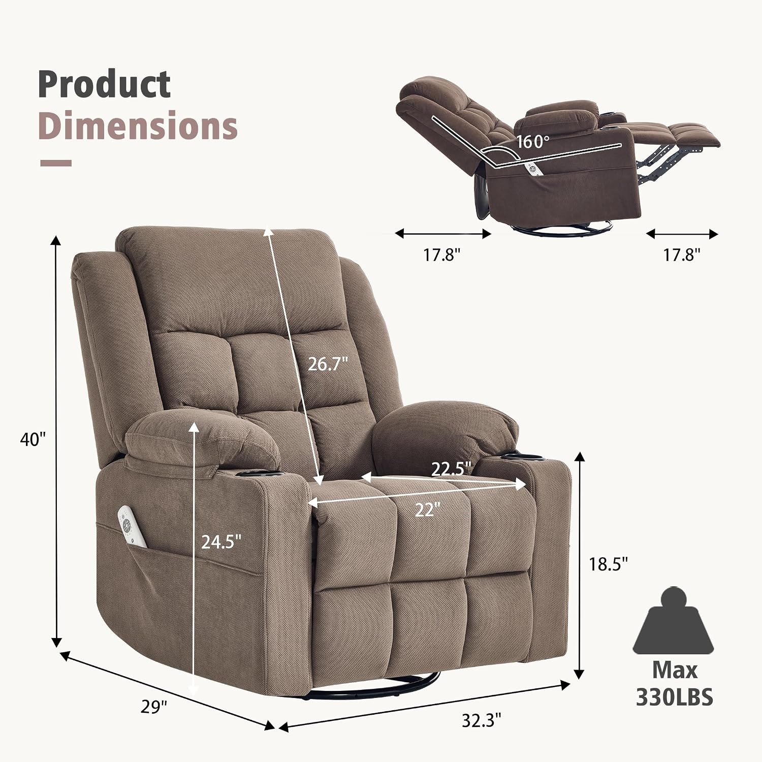 Ketaiyou Swivel Rocker Recliner Chair for Adults with Massage and Heat, Cup Holders and Side Pockets, Glider Rocking Reclining Single Sofa Chair for Living Room (Coffee)