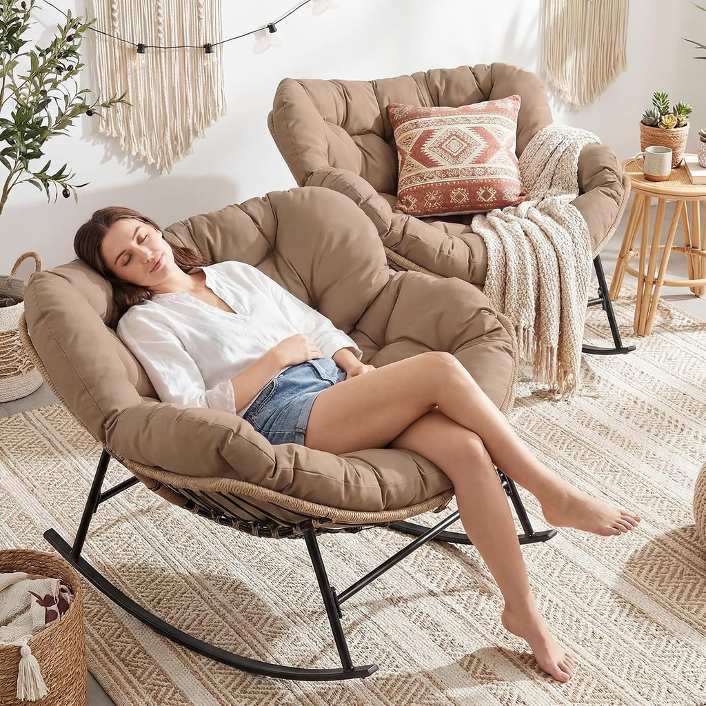 NICESOUL 2-Piece Outdoor Patio Papasan Rocking Chair, Cozy Oversized Wicker Gliding Lounge Chairs for Balcony, Patio or Porch, Wide & Large Double Royal Rocker with Comfy Padded Cushion, Brown/Tan