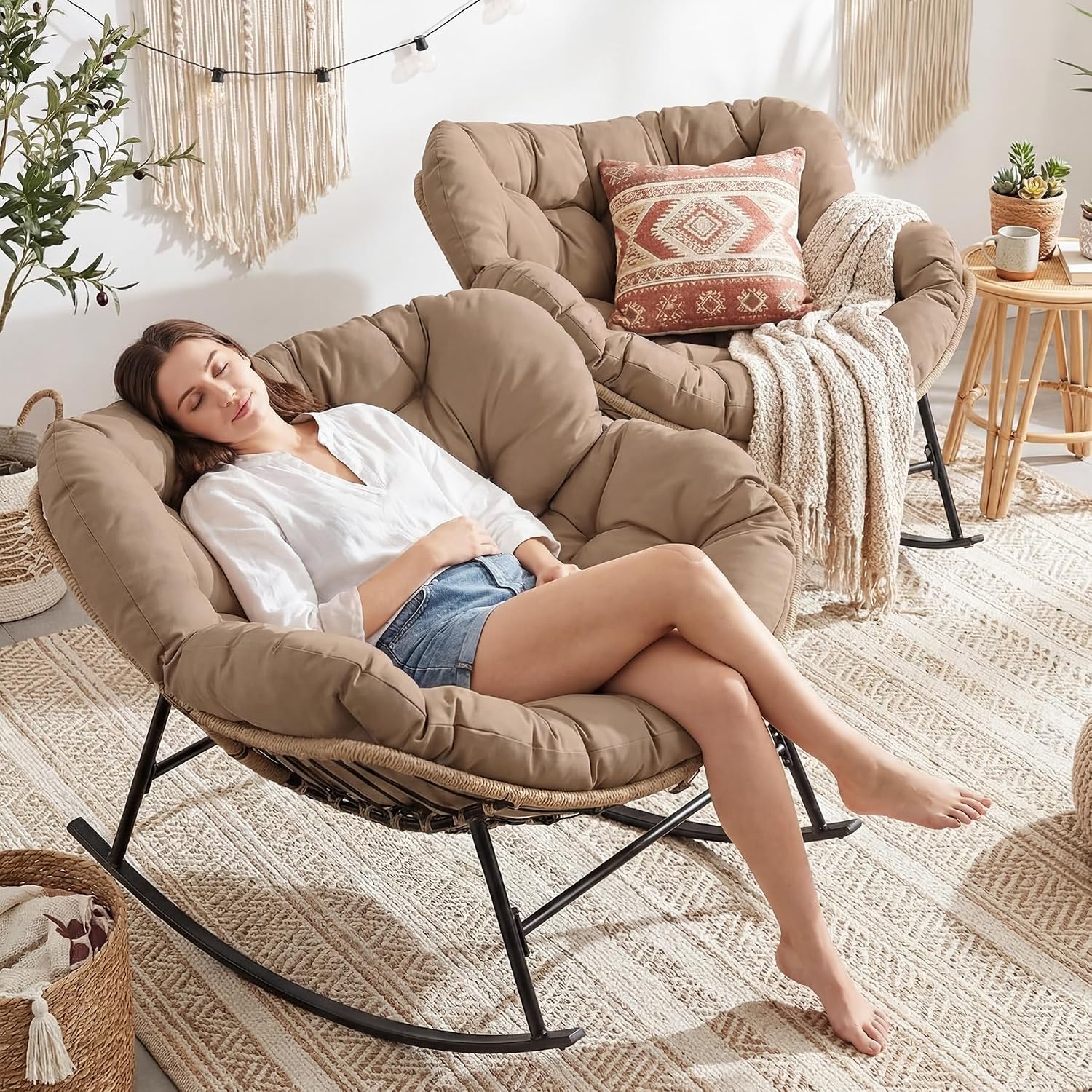 NICESOUL 2-Piece Outdoor Patio Papasan Rocking Chair, Cozy Oversized Wicker Gliding Lounge Chairs for Balcony, Patio or Porch, Wide & Large Double Royal Rocker with Comfy Padded Cushion, Brown/Tan