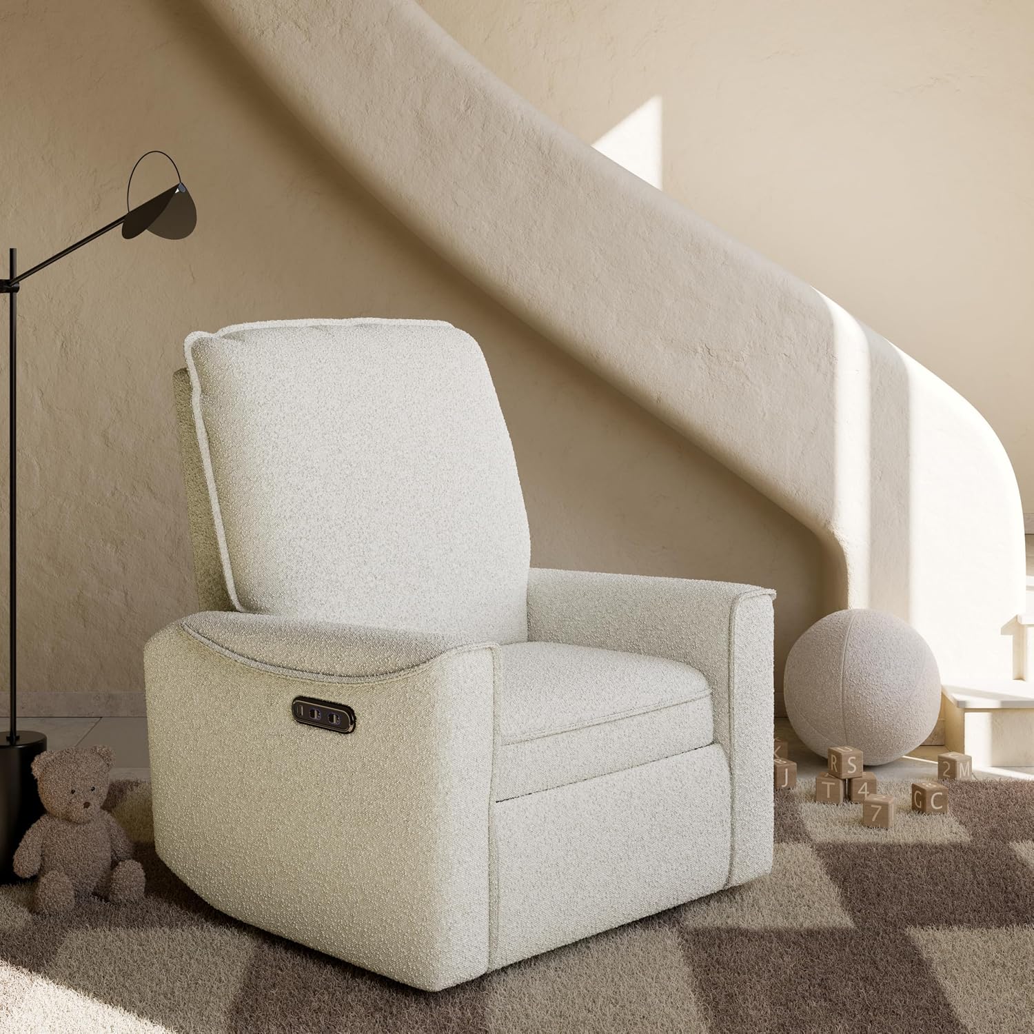 Storkcraft Santos Deluxe Power Recliner Swivel Glider, Premium Electronic Nursery Rocking Chair, Oeko-TEX 100 Certified, Includes Dual-USB Charging Port with USB-A & USB-C – (Ivory Boucle)