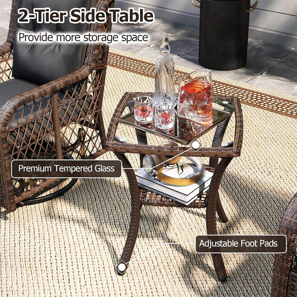 Tangkula 3 Pieces Outdoor Swivel Rocker Set, Rattan Wicker Patio Rocking Cushioned Chairs Set of 2 with Small Side Table, for Backyard, Poolside, Balcony, Lawn, Deck