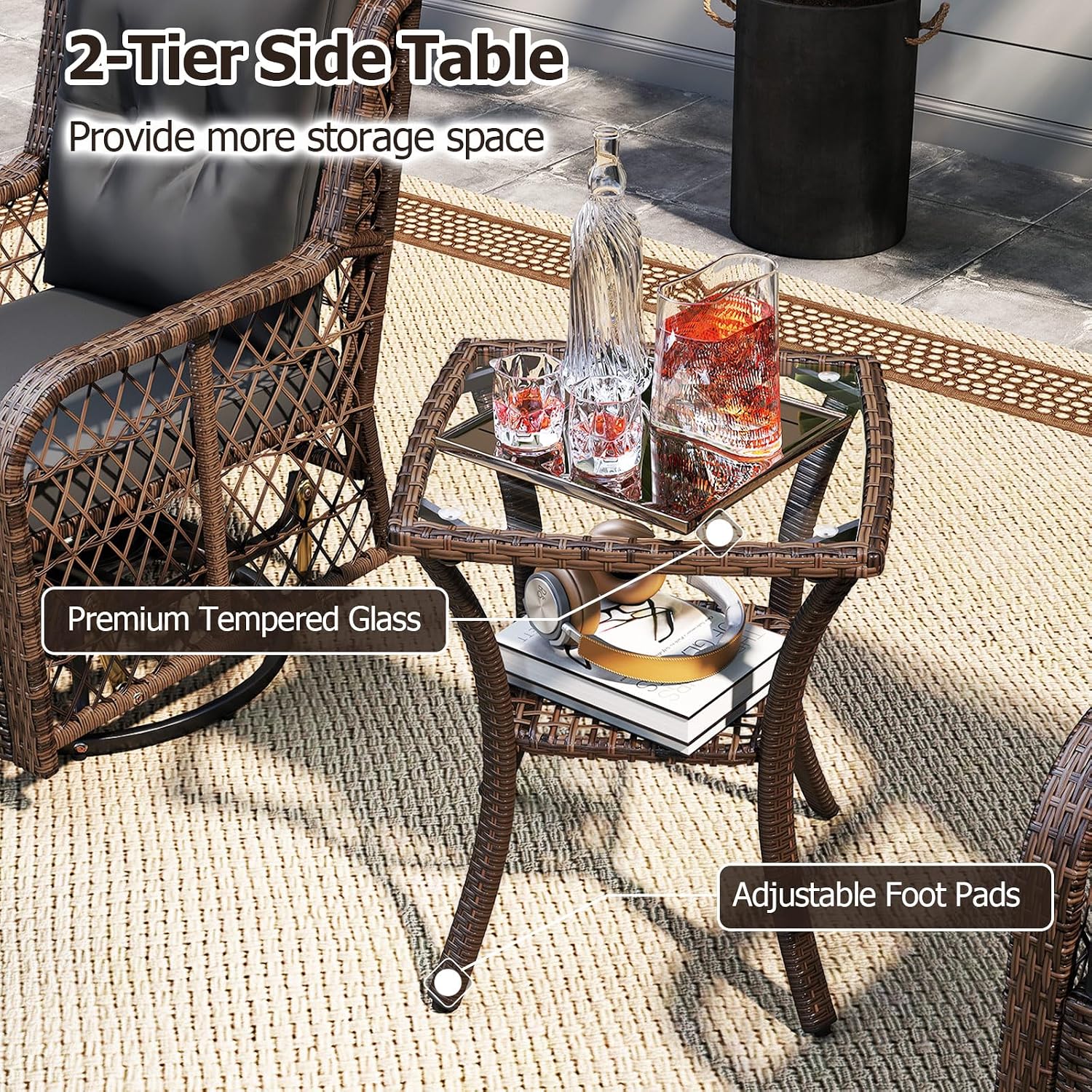 Tangkula 3 Pieces Outdoor Swivel Rocker Set, Rattan Wicker Patio Rocking Cushioned Chairs Set of 2 with Small Side Table, for Backyard, Poolside, Balcony, Lawn, Deck