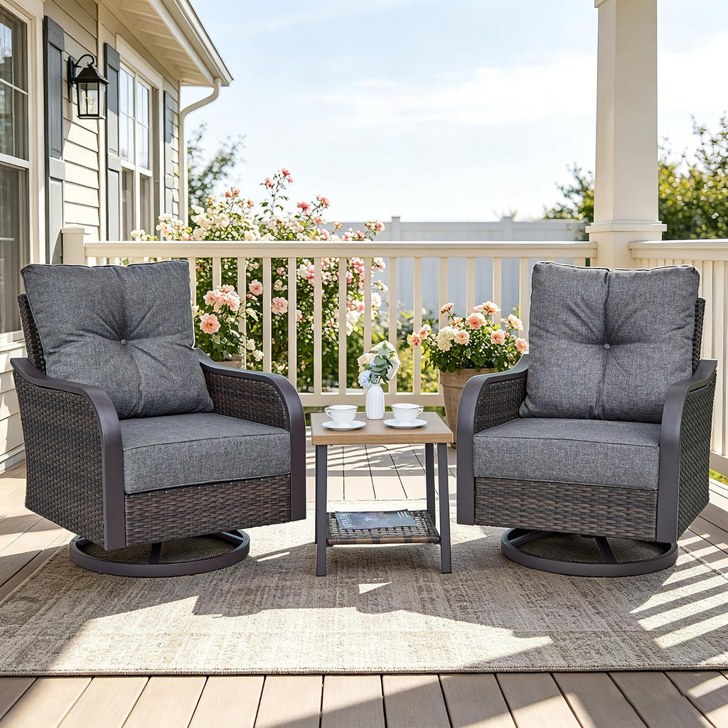 Outdoor Swivel Rocker Chairs, Wicker Swivel Rocking Chairs with 6'' Thick Cushions and Side Coffee Table, 3 Piece Patio Furniture Set for Balcony, Porch, Deck, Poolside, Grey