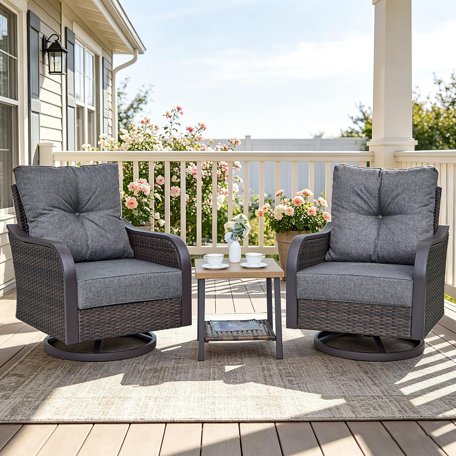 Outdoor Swivel Rocker Chairs, Wicker Swivel Rocking Chairs with 6'' Thick Cushions and Side Coffee Table, 3 Piece Patio Furniture Set for Balcony, Porch, Deck, Poolside, Grey