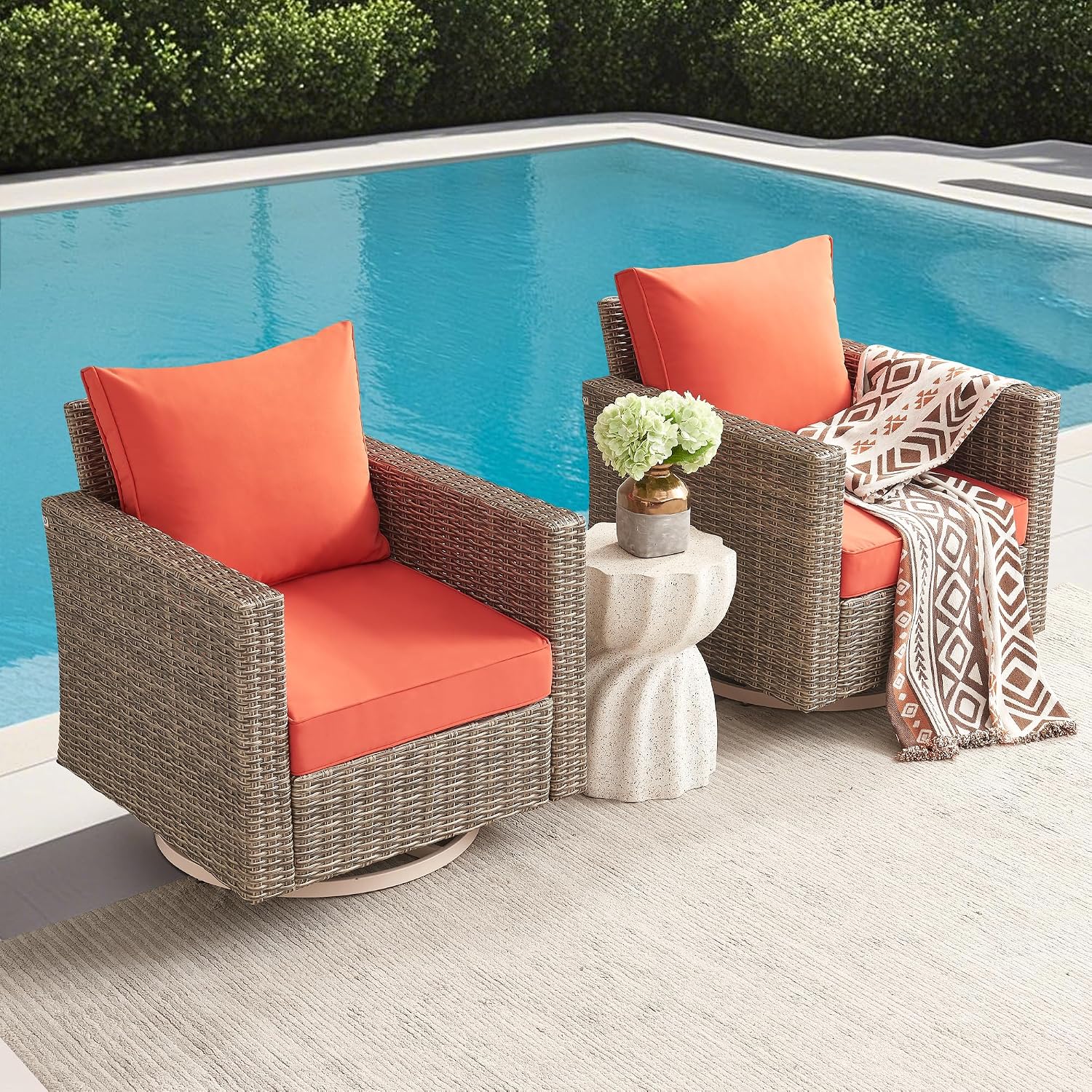 Swivel Rocking Chairs with Comfortable Cushion, PE Wicker Rattan Swivel Chairs, Set of 2 with Cushions for Poolside, Garden, Backyard, Orange