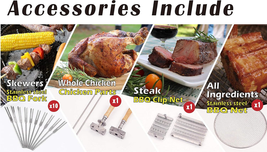 Portable Charcoal BBQ Grill &Tool Kits, Stainless Steel, 360-Degree Automatic Rotating for Outdoor Cooking, Camping, Picnic, Patio, Backyard, with Roaster Drum, Grill Net, Forks included
