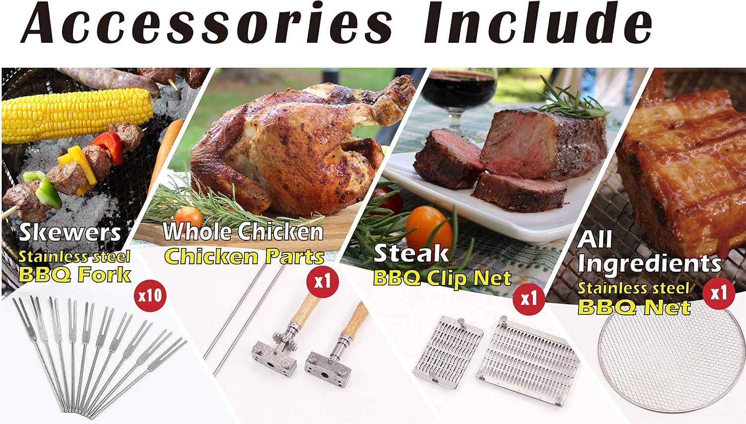 Portable Charcoal BBQ Grill &Tool Kits, Stainless Steel, 360-Degree Automatic Rotating for Outdoor Cooking, Camping, Picnic, Patio, Backyard, with Roaster Drum, Grill Net, Forks included