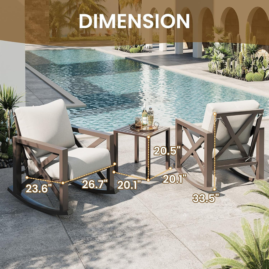 UDPATIO Rocking Chair Outdoor Set 2 with Coffee Table, 3 Piece Metal Rocking Bistro Set with 6.5' Water-Resistant Cushions, Oversized, 350lbs Heavy-Duty, for Porch, Patio, Balcony, Beige