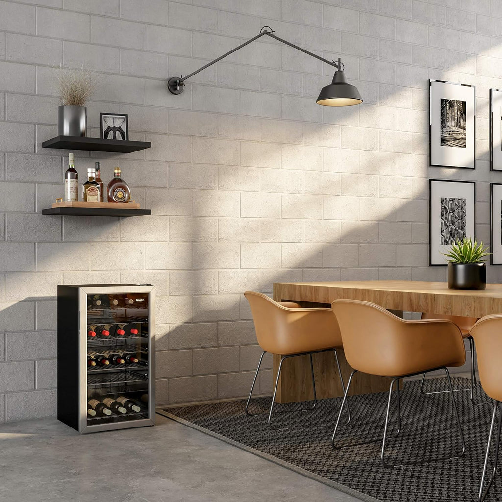 Danby DWC036A1BSSDB-6 3.3 Cu. Ft. Free Standing Wine Cooler, Holds 36 Bottles, Single Zone Fridge With Glass Door - Chiller for Kitchen, Home Bar, Black/Grey