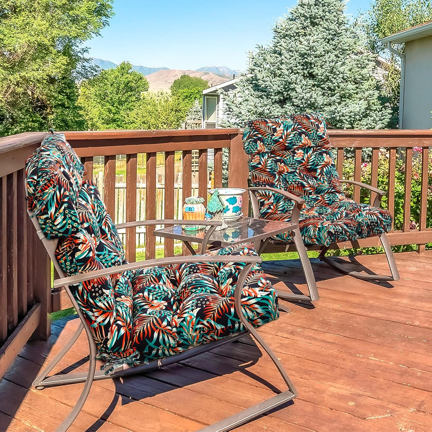 Barydat 4 Pcs Tufted High Back Chair Cushion Indoor Outdoor Seat and Back Cushions Palm Leaves Tropical Plants Lawn Rocking Chair Pads with Ties for Adirondack Patio Garden (Simple Style)