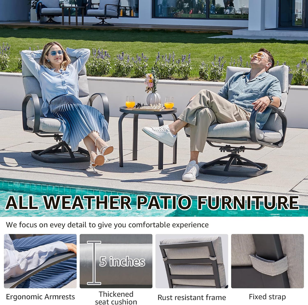 NATURAL EXPRESSIONS Patio Bistro Set, 3 Piece Outdoor Swivel Glider Rocking Chairs, Conversation Furniture with 2 Highback Rockers, 1 Metal Table for Backyard,Porch,Poolside,350lb. (Light Gray)