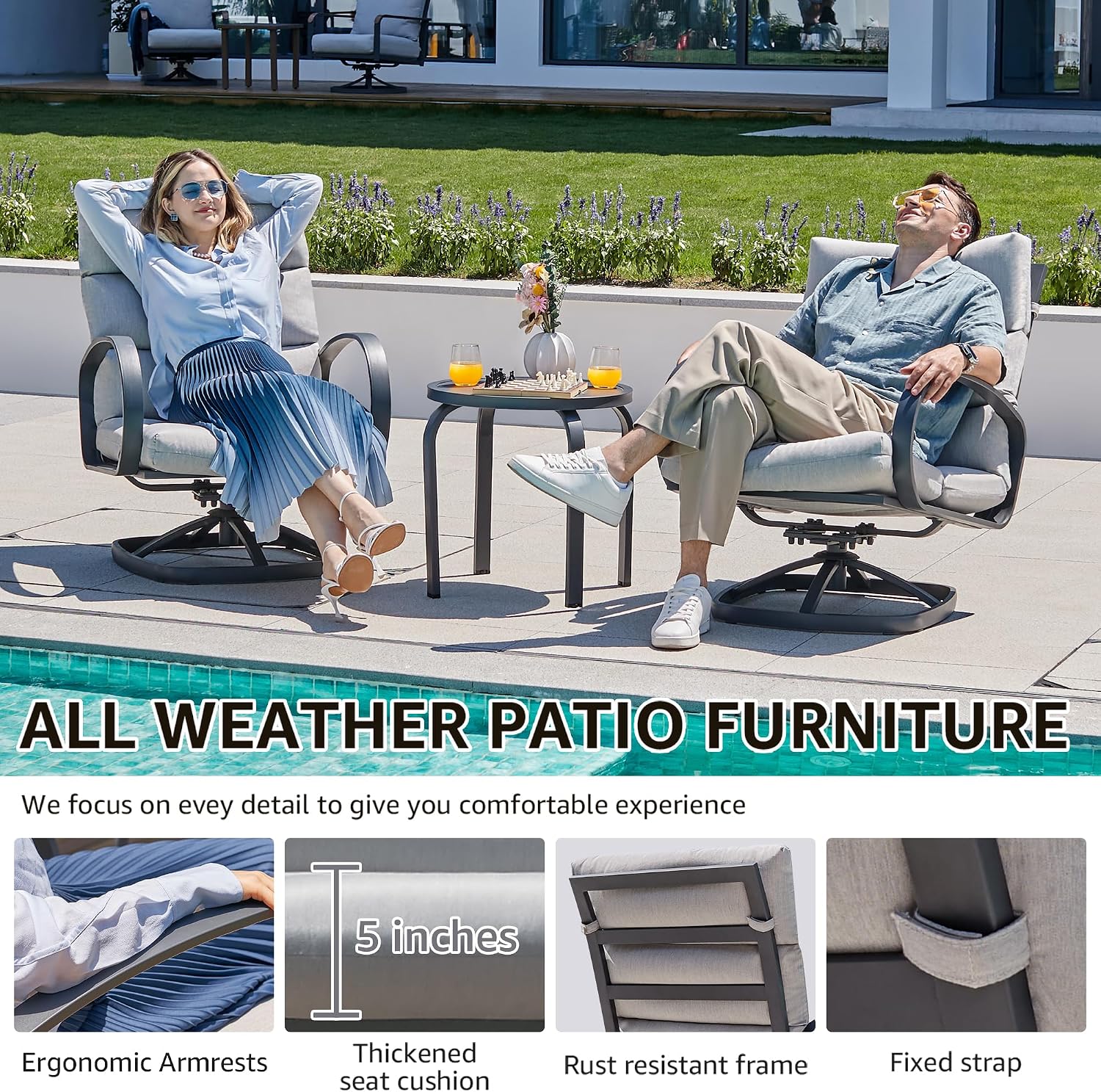 NATURAL EXPRESSIONS Patio Bistro Set, 3 Piece Outdoor Swivel Glider Rocking Chairs, Conversation Furniture with 2 Highback Rockers, 1 Metal Table for Backyard,Porch,Poolside,350lb. (Light Gray)