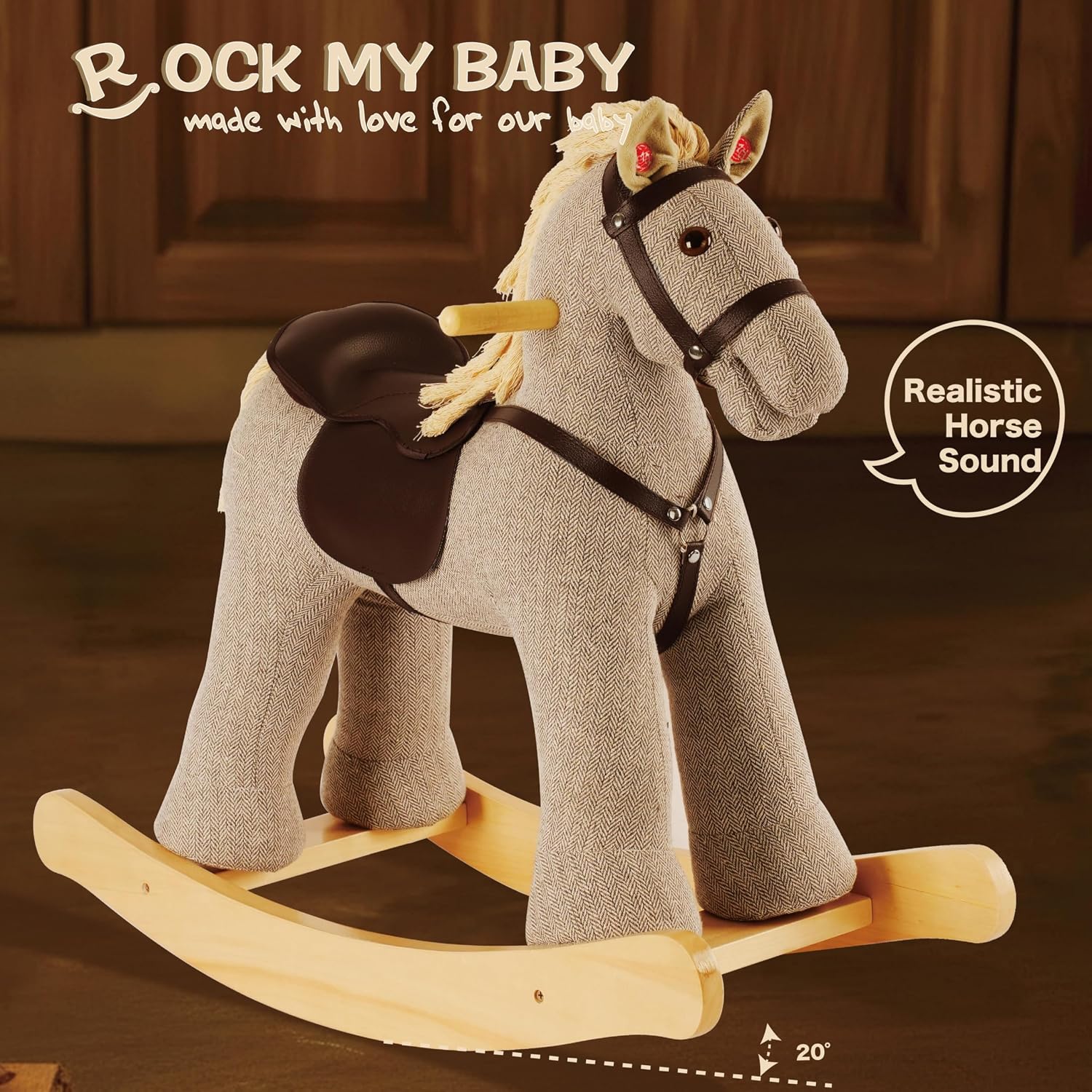 Rock My Baby Rocking Horse, Gray Wooden Rocking Toy, Rocking Animals for Children 2-6 Years Old, Ride on Pony with Realistic Sound, CPC Certified