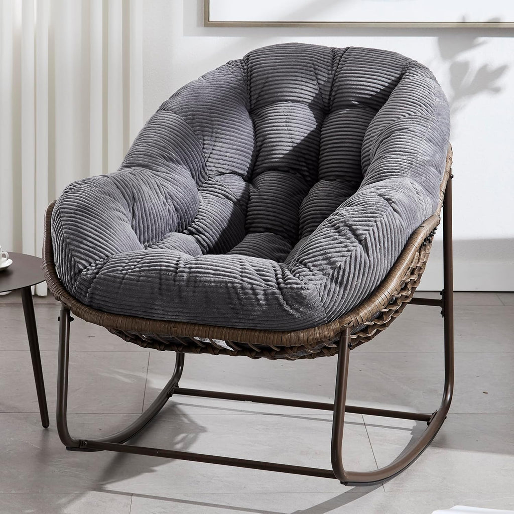 KEIKI Oversized Patio Lounge Chair-Outdoor Rattan Egg Reading Chair, Indoor Padded Cushion Papasan Rocking Chair W/Steel Frame, Porch Rocker Chairs Furniture for Garden Lawn, Grey Velvet