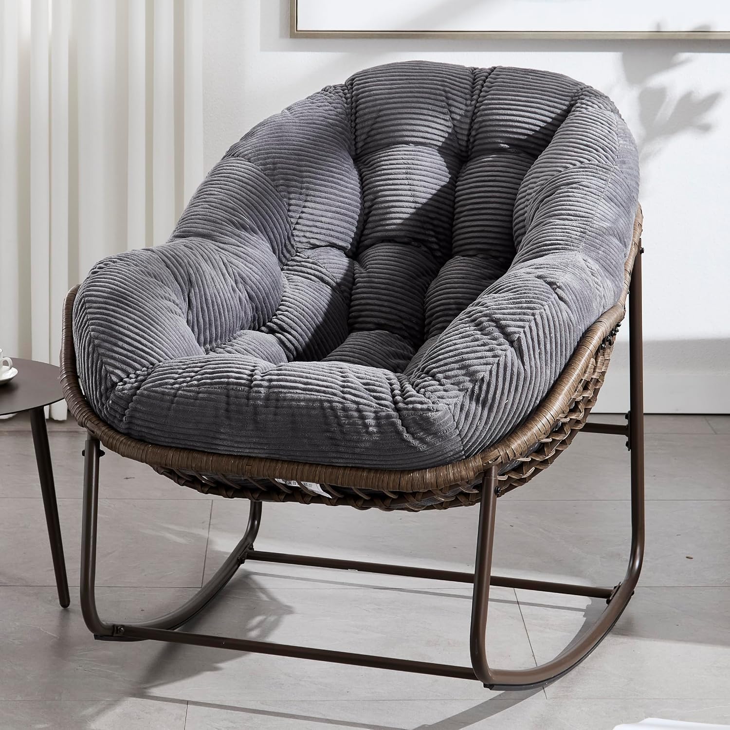 KEIKI Oversized Patio Lounge Chair-Outdoor Rattan Egg Reading Chair, Indoor Padded Cushion Papasan Rocking Chair W/Steel Frame, Porch Rocker Chairs Furniture for Garden Lawn, Grey Velvet