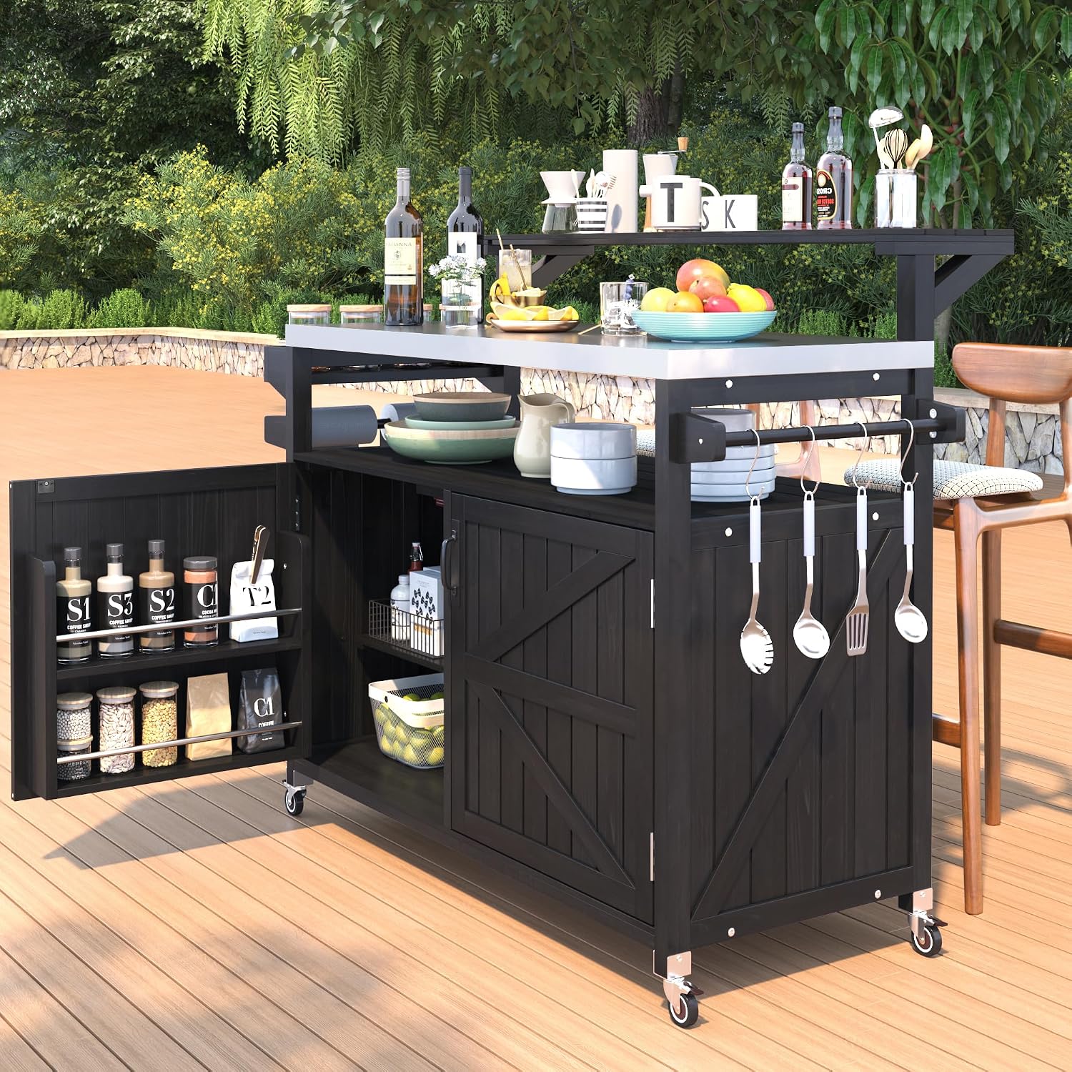 Unique 53.3' Outdoor Kitchen Island with Raised Shelf,Solid Wood Storage Cabinet with Stainless Steel Top,Rolling Grill Cart with Internal Storage Rack, Adjustable Shelf, Spice Rack (Black#e)