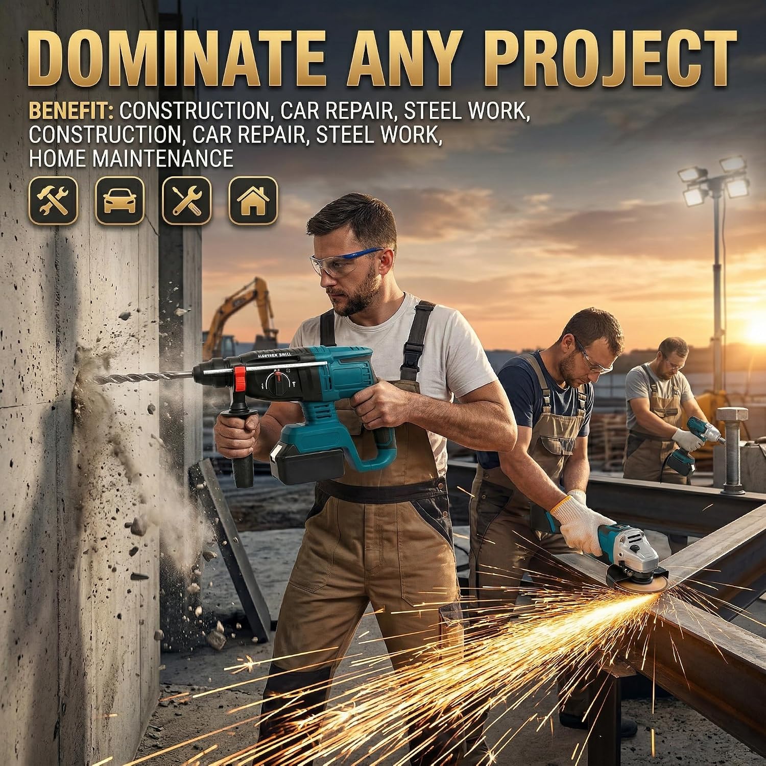 SELFIE CAT 4 Set Brushless Cordless Combo Kit Power Tools, Hammer/Angle Grinder/Impact Wrench/Drill Impact Drill Set, Cordless Drill and Impact Driver Combo With 4 Battery&2 Chargers for Home, DIYers