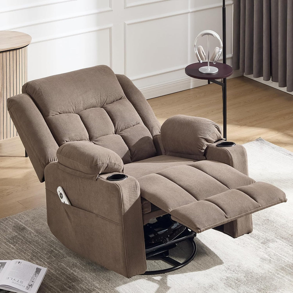 Ketaiyou Swivel Rocker Recliner Chair for Adults with Massage and Heat, Cup Holders and Side Pockets, Glider Rocking Reclining Single Sofa Chair for Living Room (Coffee)
