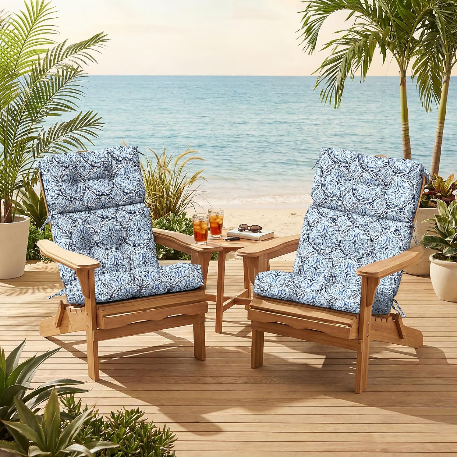 Outdoor High Back Patio Chair Cushions, Tufted Rocking Chair Cushions, Adirondack Cushions for Garden Porch Home Office Chairs Use, 44' x 22' x 4', 2 Pack,Medallion Blue