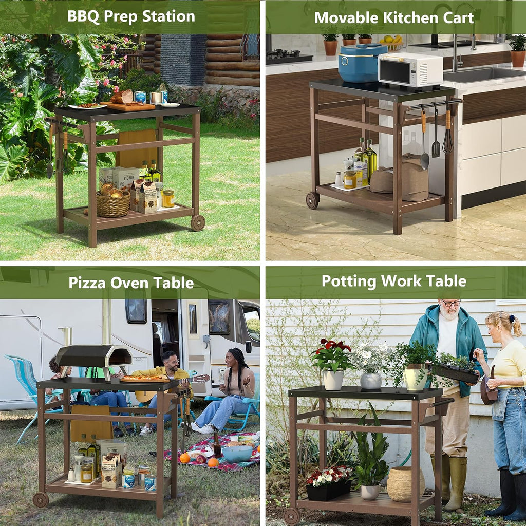 TORVA Outdoor Prep Grill Carts, 303 Stainless Steel Tabletop with High Load Capacity Portable BBQ Table, HDPE Durable Frame 2-Tier Storage Cart, Brown