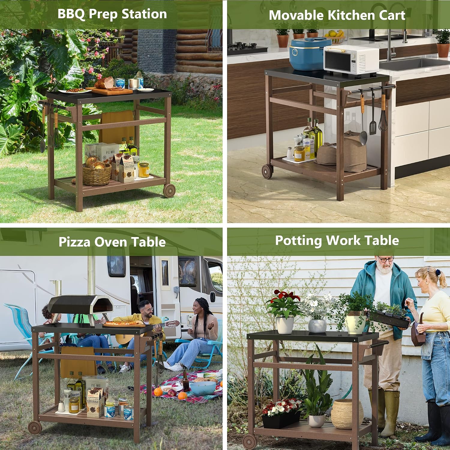 TORVA Outdoor Prep Grill Carts, 303 Stainless Steel Tabletop with High Load Capacity Portable BBQ Table, HDPE Durable Frame 2-Tier Storage Cart, Brown