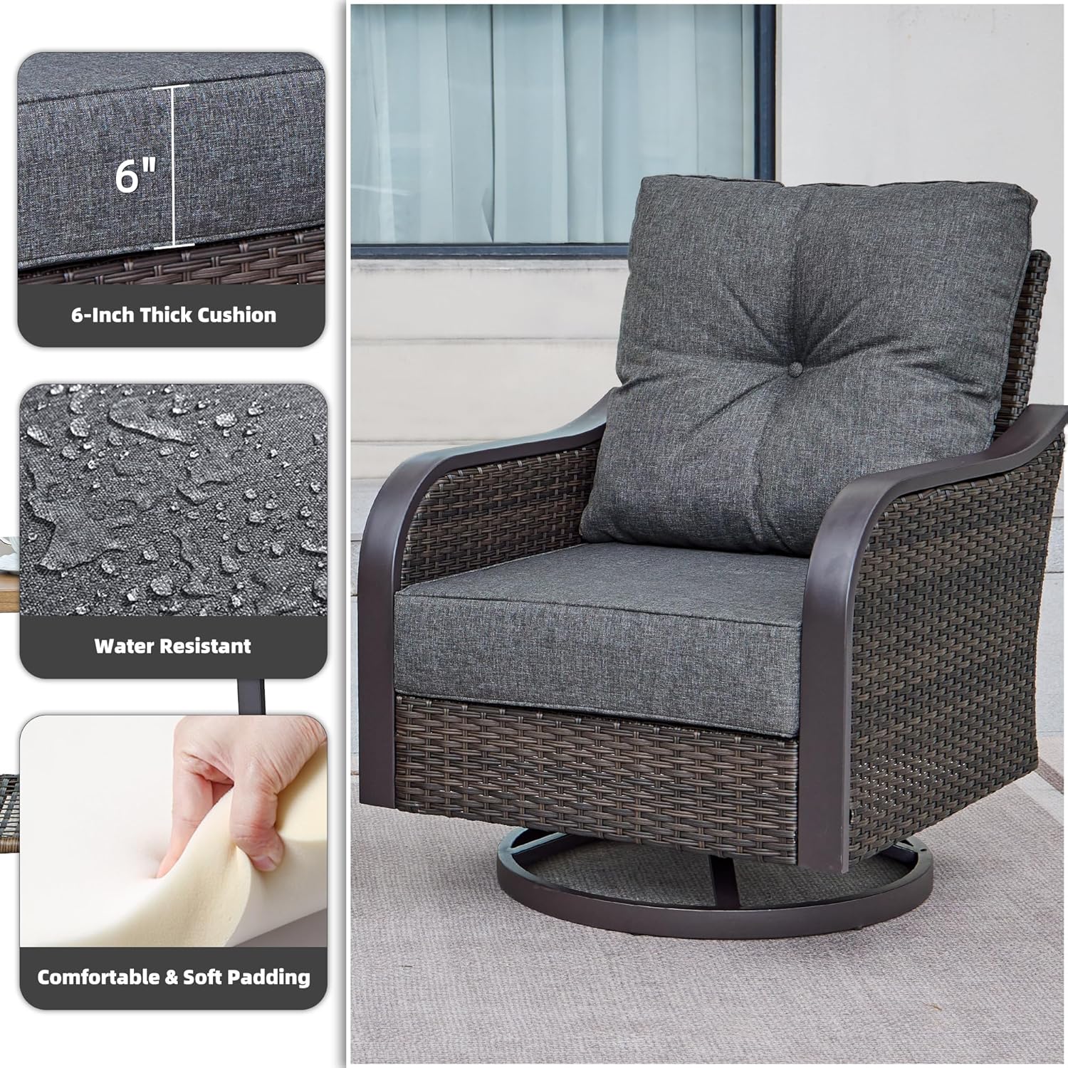 Outdoor Swivel Rocker Chairs, Wicker Swivel Rocking Chairs with 6'' Thick Cushions and Side Coffee Table, 3 Piece Patio Furniture Set for Balcony, Porch, Deck, Poolside, Grey
