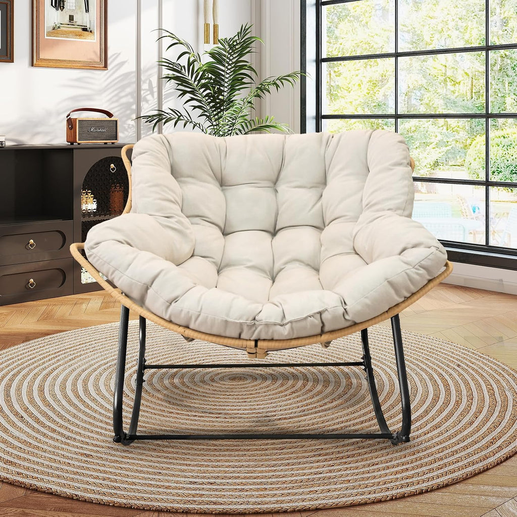 Large Outdoor Indoor Patio Rocking Egg Chair Set of 2, Oversized Papasan Chair Rocker with Cushion and Frame, Comfy Rattan Wicker Lounge Chair Outdoor Furniture for Porch Patio Garden Backyard, Beige