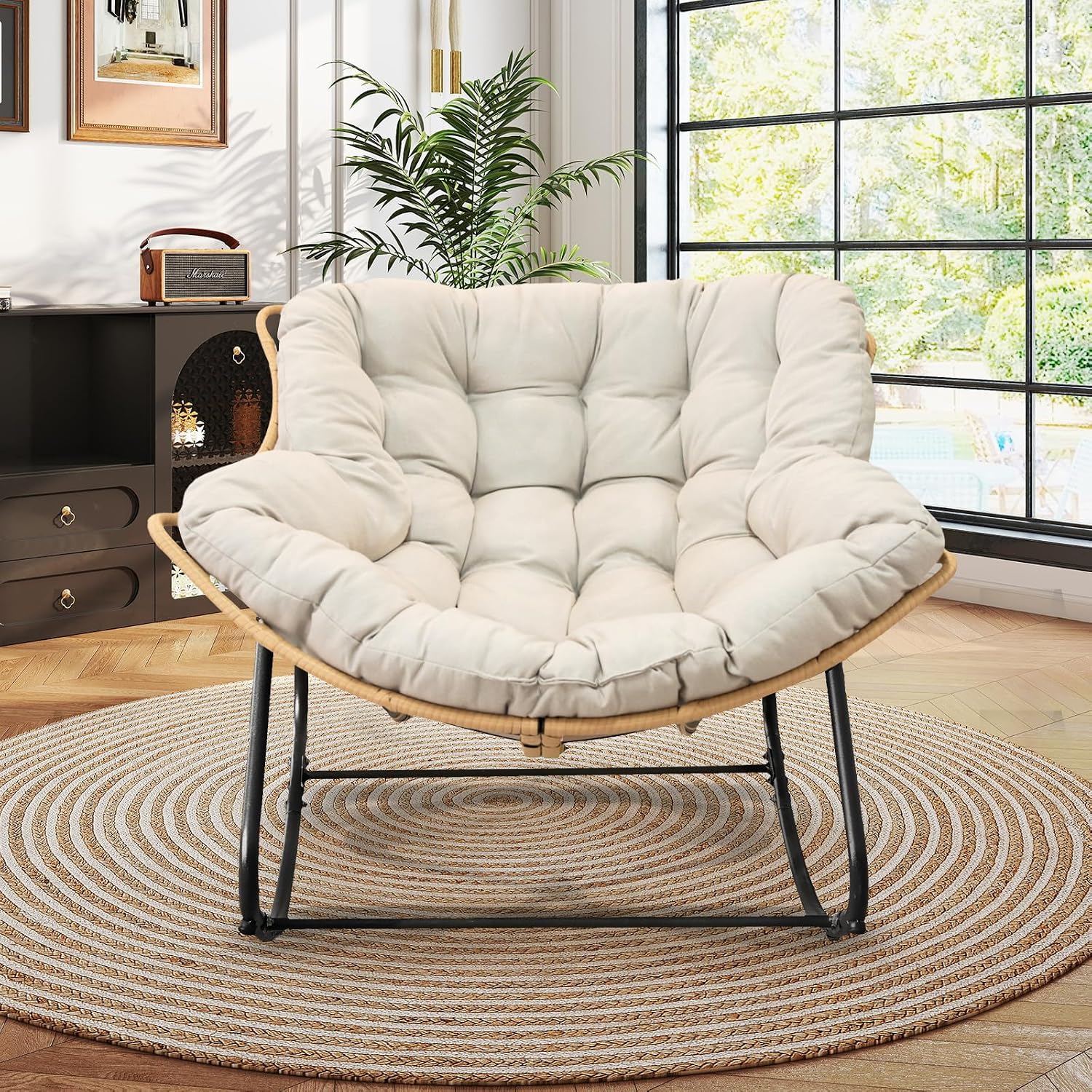 Large Outdoor Indoor Patio Rocking Egg Chair Set of 2, Oversized Papasan Chair Rocker with Cushion and Frame, Comfy Rattan Wicker Lounge Chair Outdoor Furniture for Porch Patio Garden Backyard, Beige