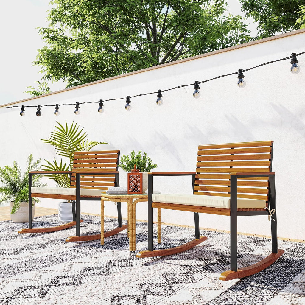 Outsunny Outdoor Rocking Chair Set of 2, Acacia Wood Outdoor Rockers with Armrests, Cushion, Patio Wooden Rocking Chair Set for Garden, Balcony, Porch, 353 lbs. Capacity, Cream White