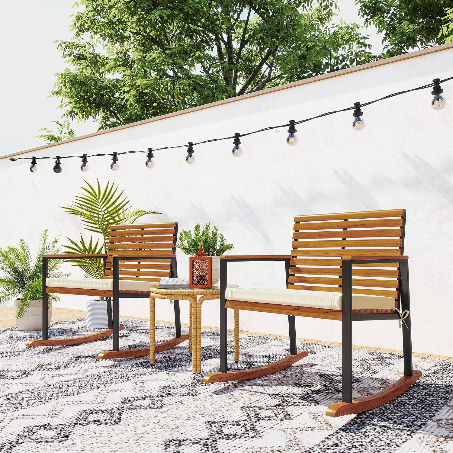 Outsunny Outdoor Rocking Chair Set of 2, Acacia Wood Outdoor Rockers with Armrests, Cushion, Patio Wooden Rocking Chair Set for Garden, Balcony, Porch, 353 lbs. Capacity, Cream White