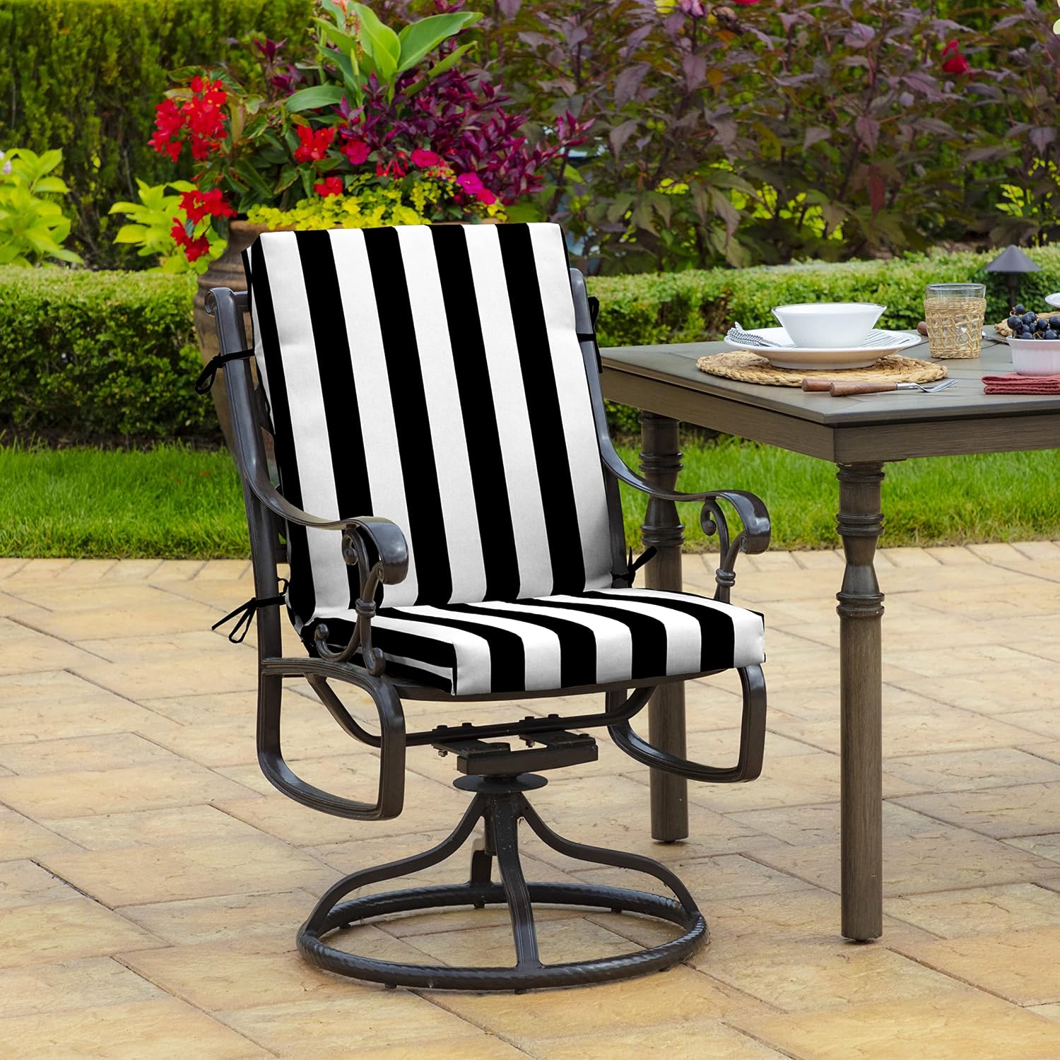 Arden 4-Pack Outdoor Patio Dining Chair Cushion, 20x44, Rain-Proof Seat Pad, Fade-Resistant Outdoor Cushion Black Cabana Stripe