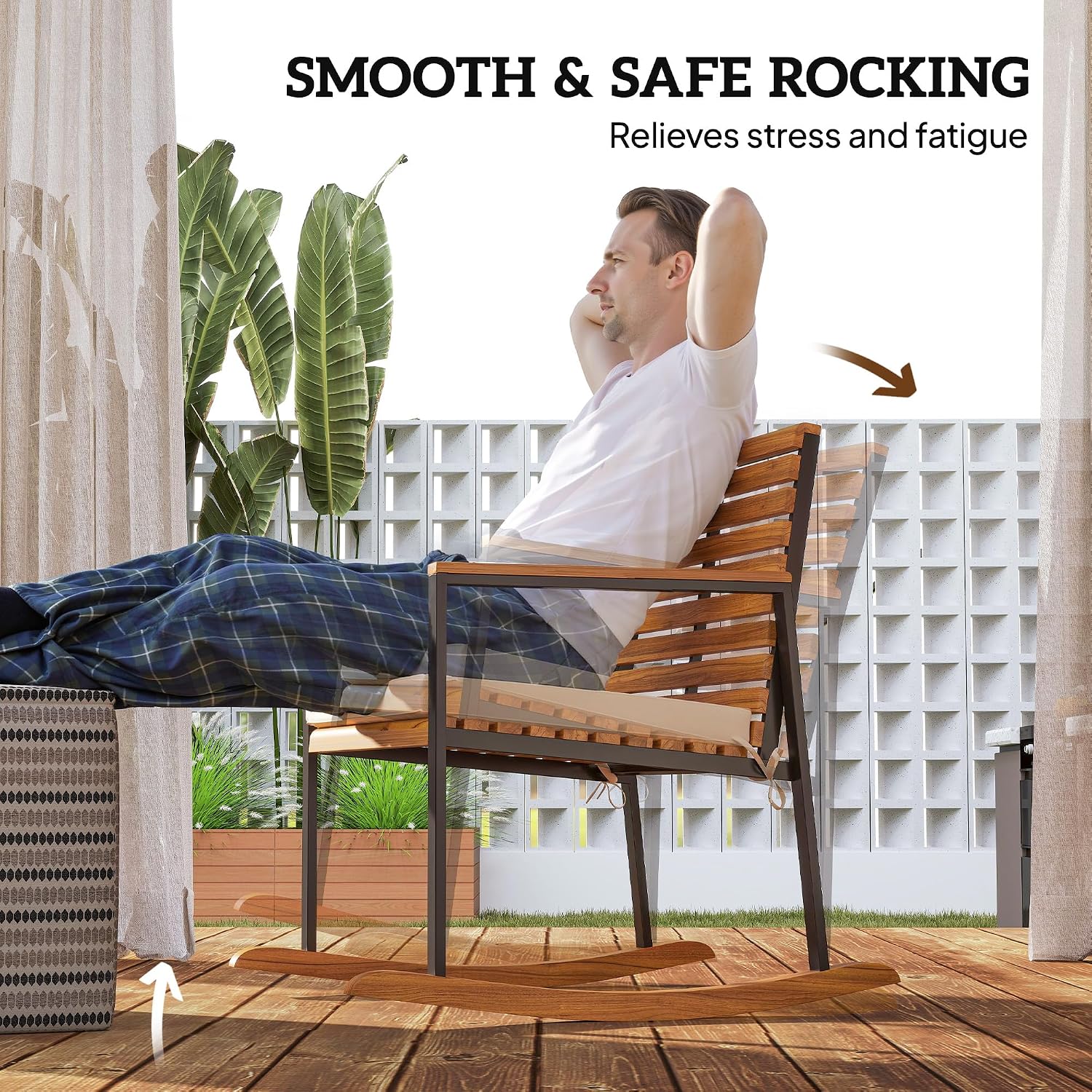 Outsunny Outdoor Rocking Chair Set of 2, Acacia Wood Outdoor Rockers with Armrests, Cushion, Patio Wooden Rocking Chair Set for Garden, Balcony, Porch, 353 lbs. Capacity, Cream White
