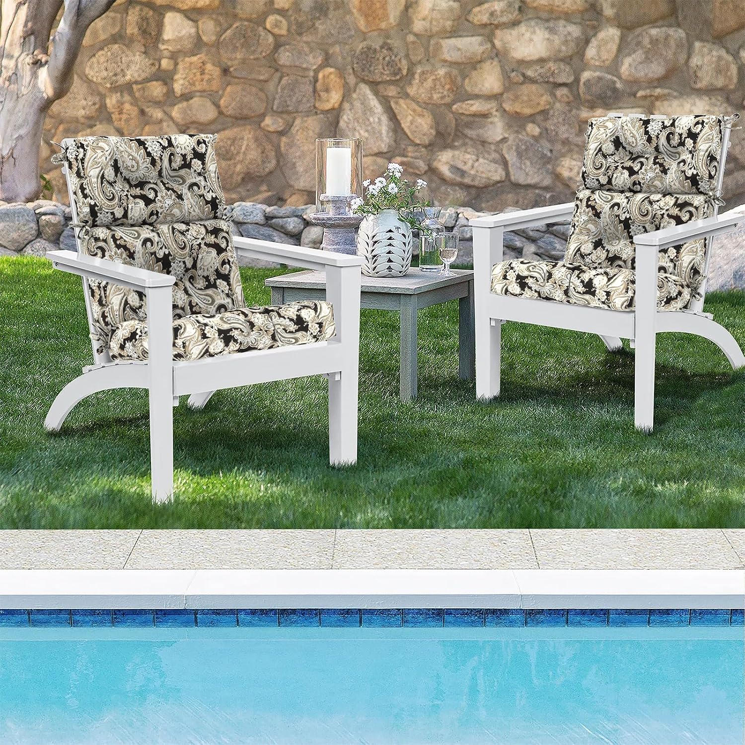DYTXIII Outdoor High Back Chair Cushions Set of 2, Water Repellent Tufted Rocking Seat Cushions Replacement 44 x 22 Inch, Seat & Back Chair Pads for Patio, Balcony and Indoor Use -Paisley Black