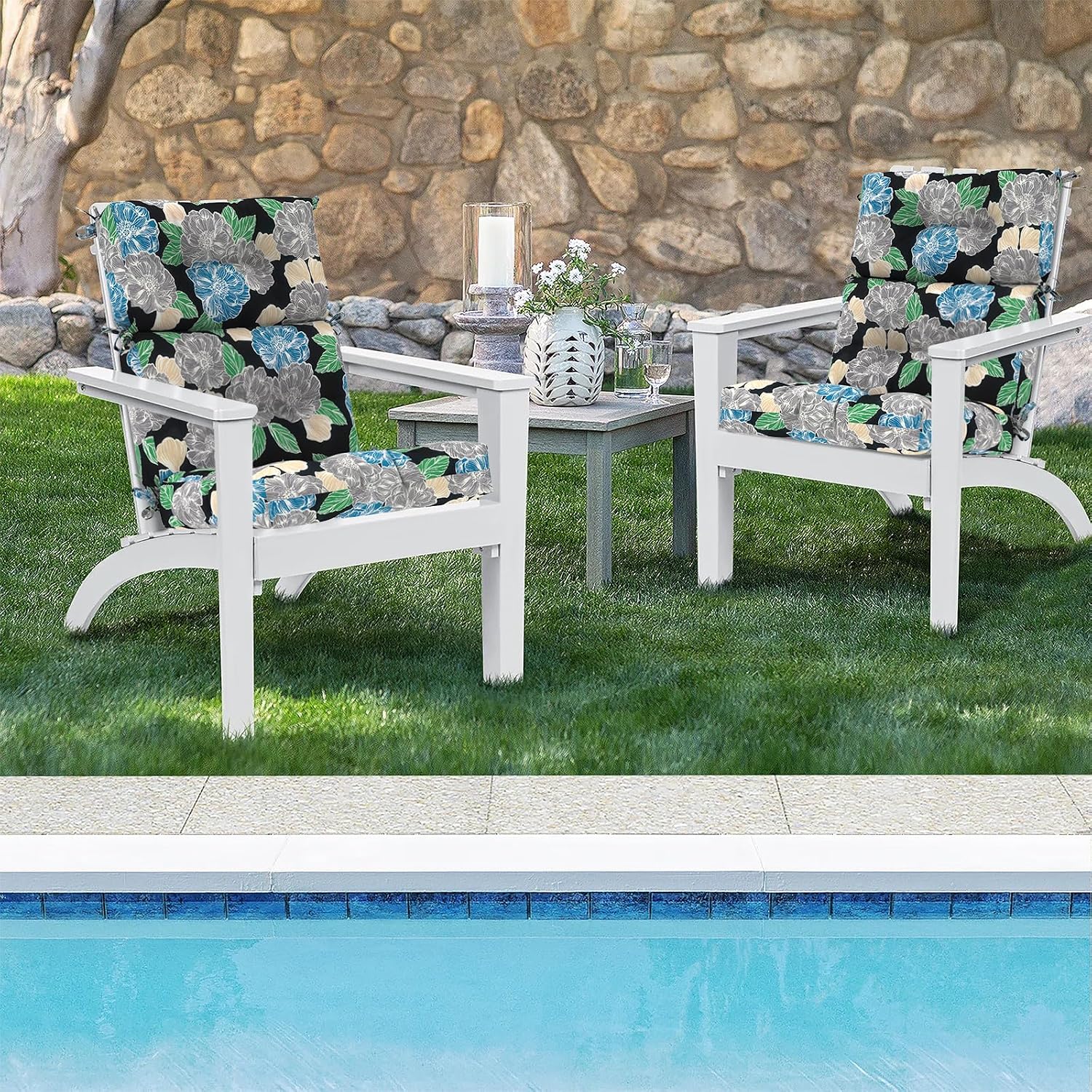 DYTXIII Outdoor High Back Chair Cushions Set of 2, Water Repellent Tufted Rocking Seat Cushions Replacement 44 x 22 Inch, Seat & Back Chair Pads for Patio, Balcony and Indoor Use -Peony Garden