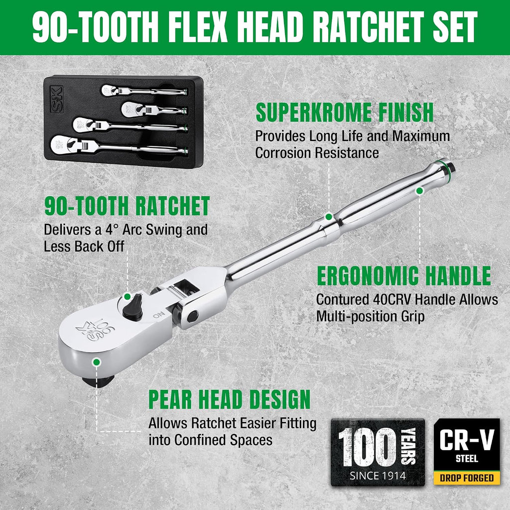 SK 4-Piece Flex-Head Ratchet Set, 1/4', 3/8', 1/2' Drive Ratchet, 90-Tooth, Premium CR-V Construction, Reversible Design, with Contoured Handle