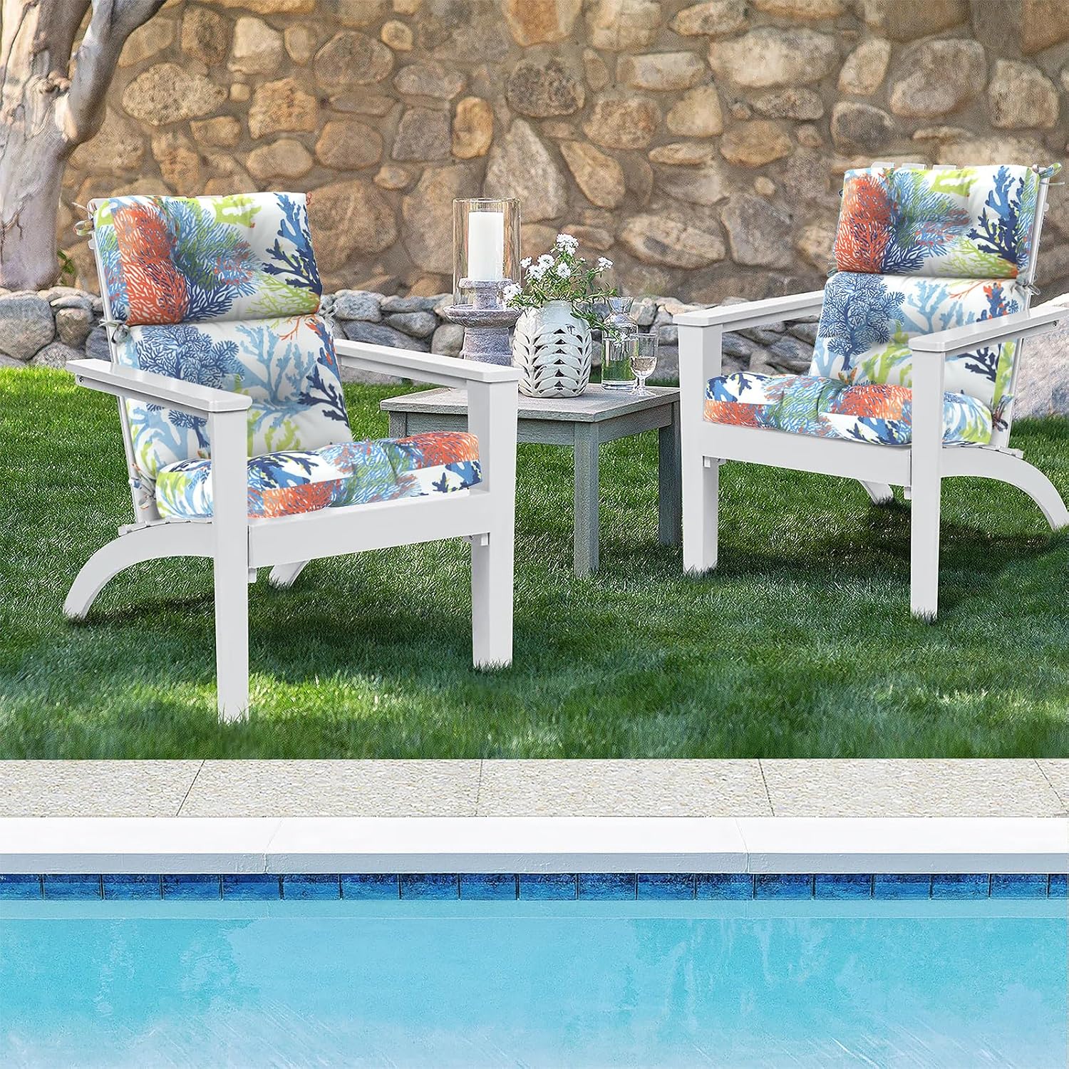 DYTXIII Outdoor High Back Chair Cushions Set of 2, Water Repellent Tufted Rocking Seat Cushions Replacement 44 x 22 Inch, Seat & Back Chair Pads for Patio, Balcony and Indoor Use -Coral Multi
