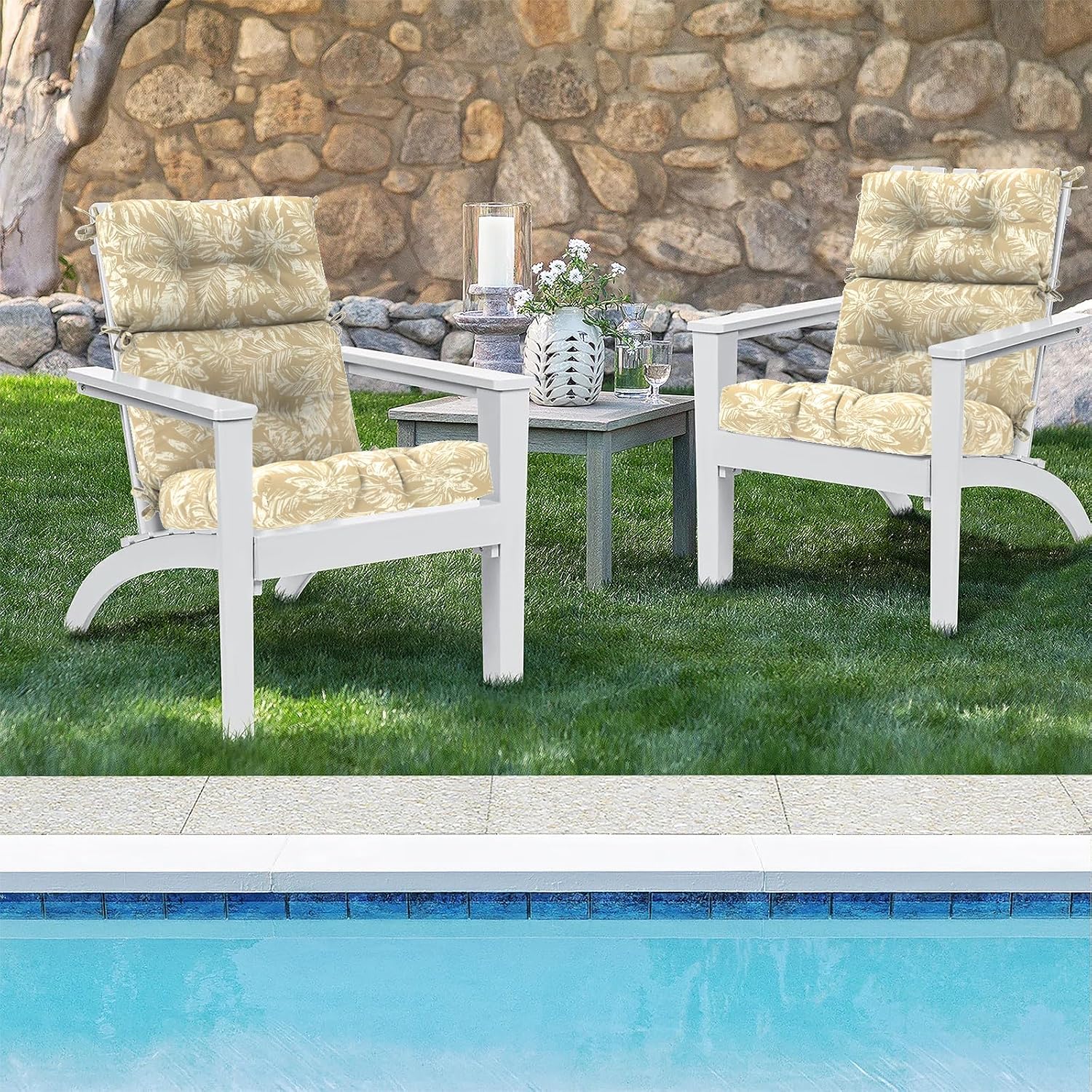 DYTXIII Outdoor High Back Chair Cushions Set of 2, Water Repellent Tufted Rocking Seat Cushions Replacement 44 x 22 Inch, Seat & Back Chair Pads for Patio, Balcony and Indoor Use -Tropical Leaf Oat