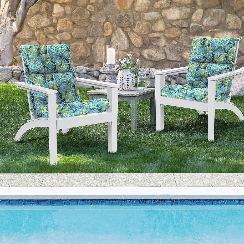 DYTXIII Outdoor High Back Chair Cushions Set of 2, Water Repellent Tufted Rocking Seat Cushions Replacement 44 x 22 Inch, Seat & Back Chair Pads for Patio, Balcony and Indoor Use -Paisley Lapis Green
